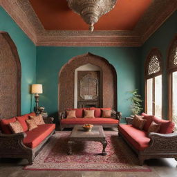 An interior design that combines Indian traditional elements with modern aesthetics. Incorporate vibrant colors, ornate furnishings, and sleek lines.