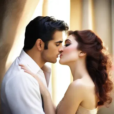 She demurely lowered her gaze as he leaned in for a passionate kiss.