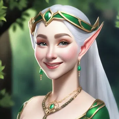 The elegant elf queen demurely greeted her visitors with a regal smile.