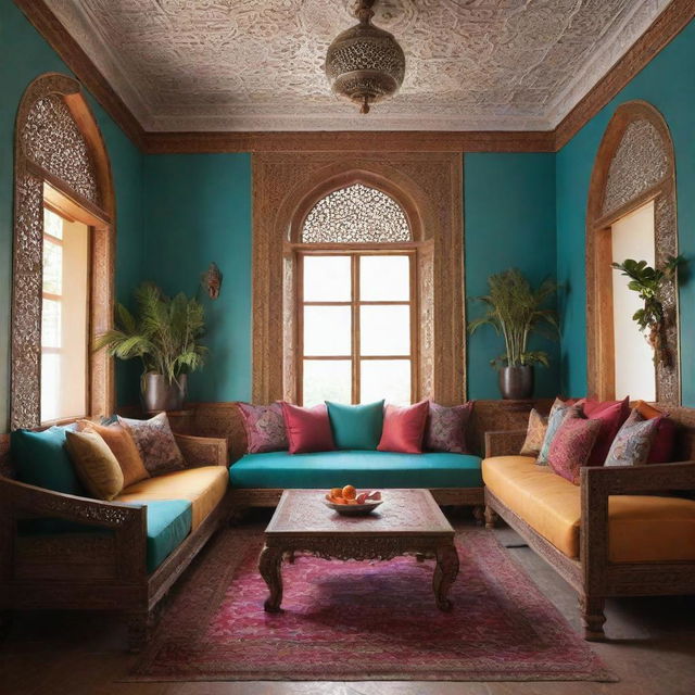 An interior design that combines Indian traditional elements with modern aesthetics. Incorporate vibrant colors, ornate furnishings, and sleek lines.