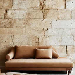 An upgraded simple aesthetic room featuring a comfortable sofa and a nicely textured, artisan brick wall, enhanced with tasteful decor for a sublime aesthetic.