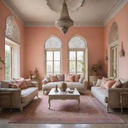 An interior design that blends Indian traditional elements with modern accents. Use more subtle and pastel colors, ornate furnishings, and contemporary lines.