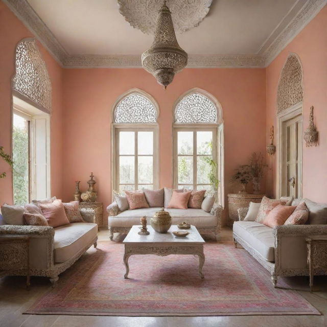 An interior design that blends Indian traditional elements with modern accents. Use more subtle and pastel colors, ornate furnishings, and contemporary lines.