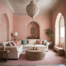 An interior design that blends Indian traditional elements with modern accents. Use more subtle and pastel colors, ornate furnishings, and contemporary lines.