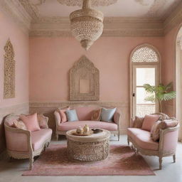 An interior design that blends Indian traditional elements with modern accents. Use more subtle and pastel colors, ornate furnishings, and contemporary lines.