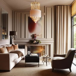 A stylish, modern living room with elegant decor, soft ambient lighting, chic furniture and pleasing color palette to encapsulate a sophisticated aesthetic.