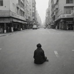 A solitary individual sitting by the roadside in a bustling city.