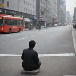 A solitary individual sitting by the roadside in a bustling city.