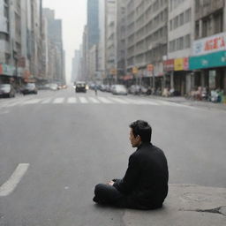 A solitary individual sitting by the roadside in a bustling city.