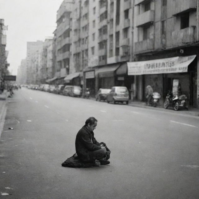 A solitary individual sitting by the roadside in a bustling city.