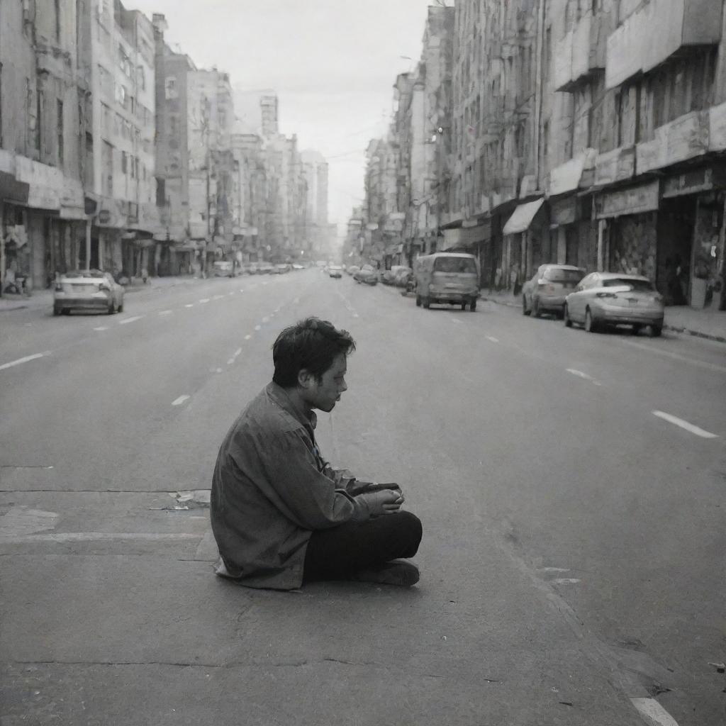 A solitary individual sitting alone by the roadside in a bustling city.