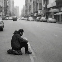 A solitary individual sitting alone by the roadside in a bustling city.