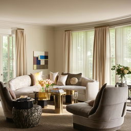 A stylish, modern living room with elegant decor, soft ambient lighting, chic furniture and pleasing color palette to encapsulate a sophisticated aesthetic.