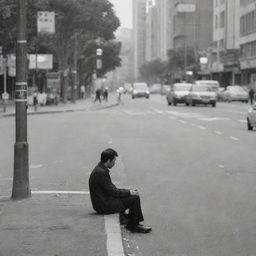 A solitary individual sitting alone by the roadside in a bustling city.