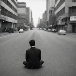 A solitary individual sitting alone by the roadside in a bustling city.