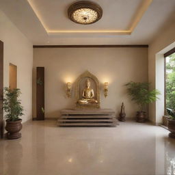 Design of a peaceful home temple with subtle colors that create a serene and spiritual ambiance.