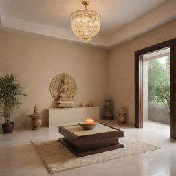 Design of a peaceful home temple with subtle colors that create a serene and spiritual ambiance.