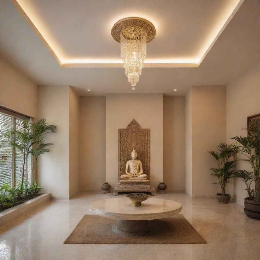 Design of a peaceful home temple with subtle colors that create a serene and spiritual ambiance.