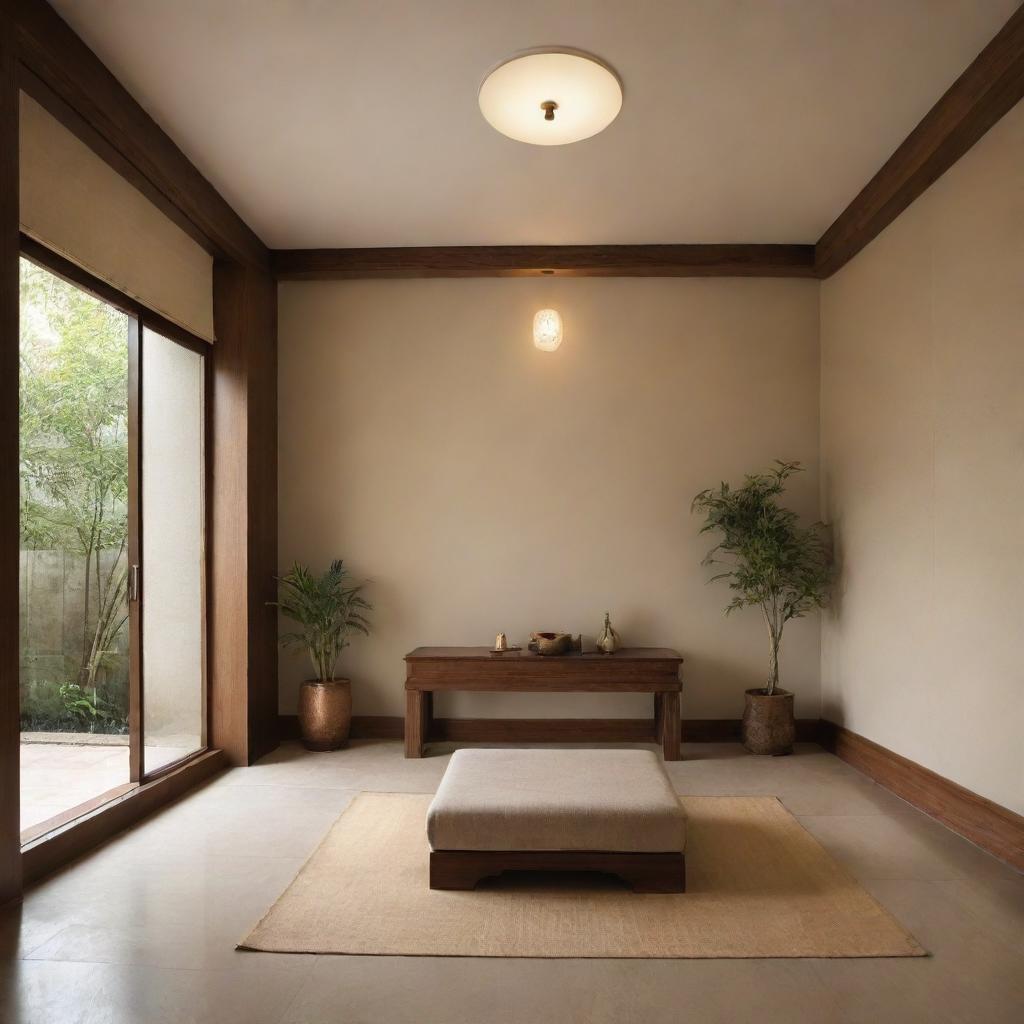 Design of a secluded room dedicated as a home temple with tranquil, subtle colours evoking a peaceful, spiritual atmosphere.