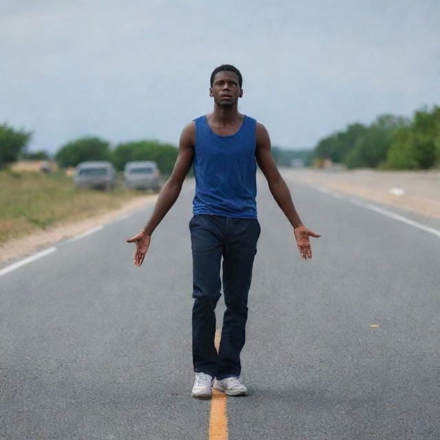 An injured individual bravely standing in the middle of a road.