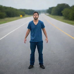 An injured individual bravely standing in the middle of a road.