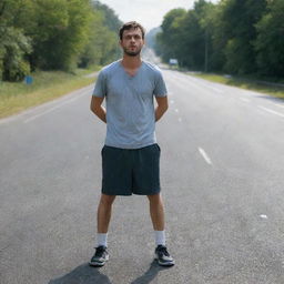 An injured individual bravely standing in the middle of a road.