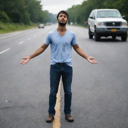 An injured individual bravely standing in the middle of a road.