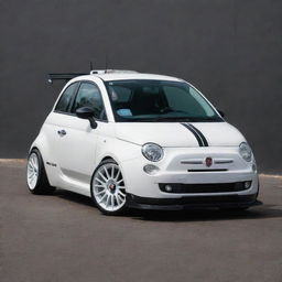 A modded Fiat 500 race car, boasting commanding front diffusers and an assertive rear wing ducktail spoiler, exuding high performance and style.