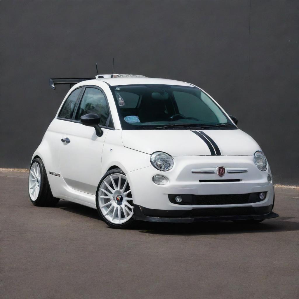 A modded Fiat 500 race car, boasting commanding front diffusers and an assertive rear wing ducktail spoiler, exuding high performance and style.