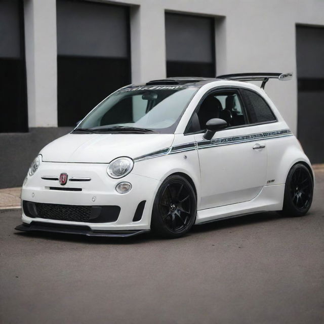 A modded Fiat 500 race car, boasting commanding front diffusers and an assertive rear wing ducktail spoiler, exuding high performance and style.