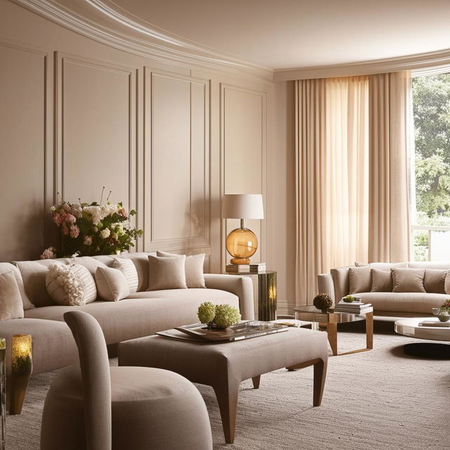 A stylish, modern living room with elegant decor, soft ambient lighting, chic furniture and pleasing color palette to encapsulate a sophisticated aesthetic.