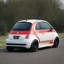 A modded Fiat 500 race car, boasting commanding front diffusers and an assertive rear wing ducktail spoiler, exuding high performance and style.