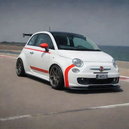 A modded Fiat 500 race car, boasting commanding front diffusers and an assertive rear wing ducktail spoiler, exuding high performance and style.