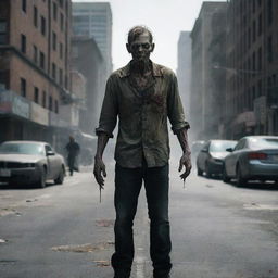 A menacing zombie standing in the center of a desolate city street.