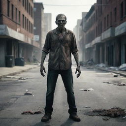 A menacing zombie standing in the center of a desolate city street.