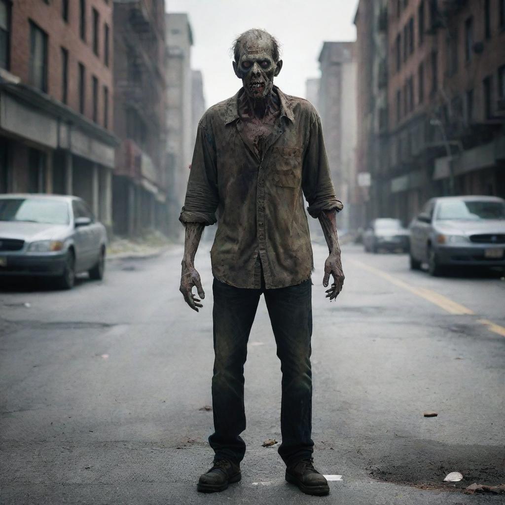 A menacing zombie standing in the center of a desolate city street.