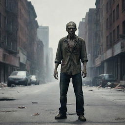 A menacing zombie standing in the center of a desolate city street.