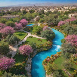 A stunning view of Jannat, also known as Paradise, with heavenly gardens filled with blooming flowers, trees laden with ripe fruits, flowing streams, and golden palaces beneath a radiant blue sky.