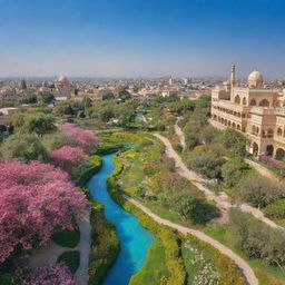 A stunning view of Jannat, also known as Paradise, with heavenly gardens filled with blooming flowers, trees laden with ripe fruits, flowing streams, and golden palaces beneath a radiant blue sky.