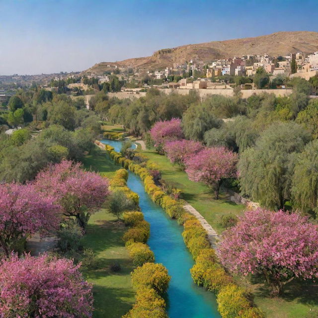 A stunning view of Jannat, also known as Paradise, with heavenly gardens filled with blooming flowers, trees laden with ripe fruits, flowing streams, and golden palaces beneath a radiant blue sky.