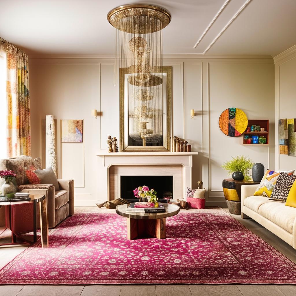 The same living room, but with more luxurious accents. Notable elements include a large, soft, patterned rug, an opulent chandelier, a state-of-the-art fireplace, and vibrant, complementary colors adorning the décor and furniture