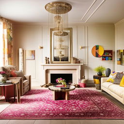 The same living room, but with more luxurious accents. Notable elements include a large, soft, patterned rug, an opulent chandelier, a state-of-the-art fireplace, and vibrant, complementary colors adorning the décor and furniture