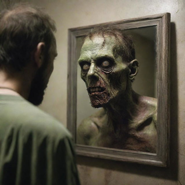 A chilling scene of a zombie gazing into a mirror.