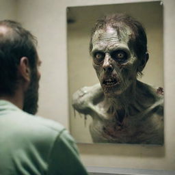 A chilling scene of a zombie gazing into a mirror.