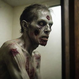 A chilling scene of a zombie gazing into a mirror.