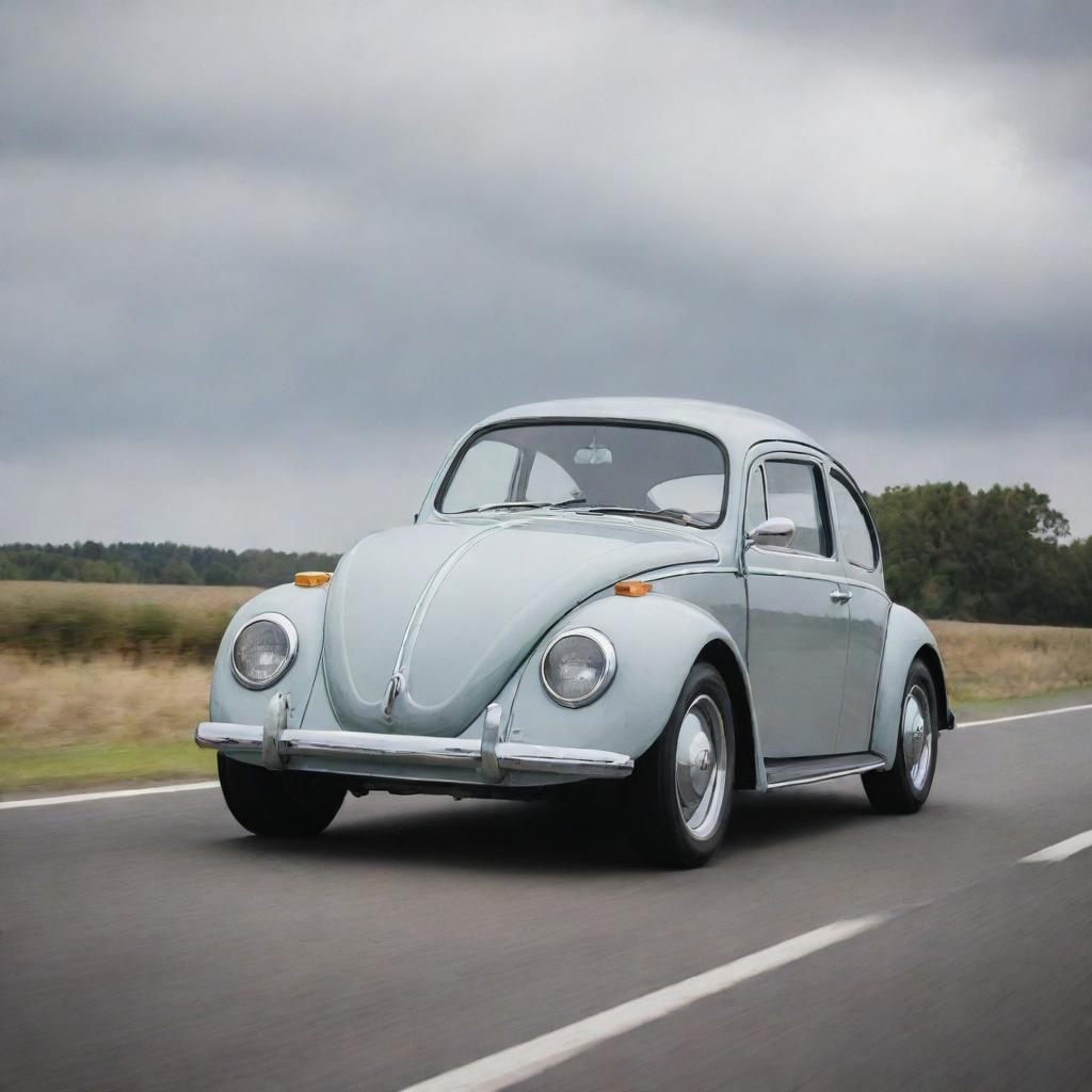 A finely tuned Volkswagen Beetle, furnished with powerful front diffusers and a distinctive ducktail spoiler at the rear, emanating racing prowess and flair.