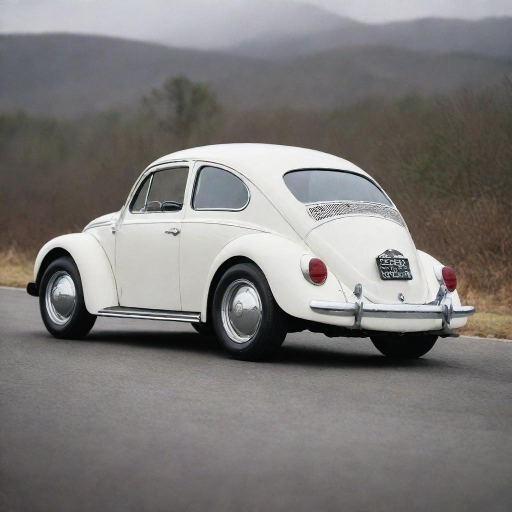 A finely tuned Volkswagen Beetle, furnished with powerful front diffusers and a distinctive ducktail spoiler at the rear, emanating racing prowess and flair.