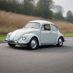 A finely tuned Volkswagen Beetle, furnished with powerful front diffusers and a distinctive ducktail spoiler at the rear, emanating racing prowess and flair.