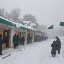 Election day scene in Pakistan during a beautiful snowfall. Include Pakistani flags, voters, polling booths, and picturesque snowy landscape.