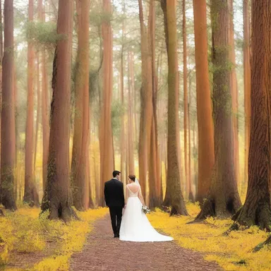 The couple walked hand in hand through the picturesque yellow cypress forest, feeling the romance in the air.